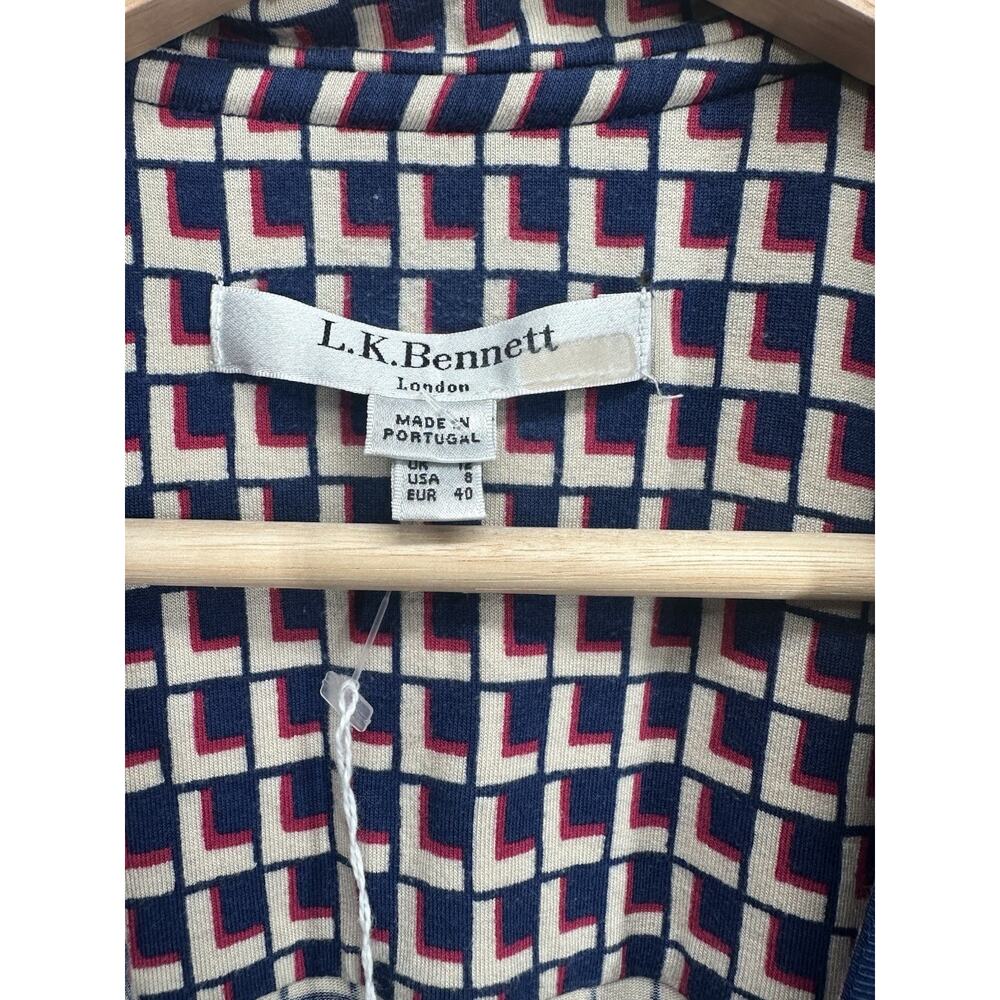 L.K. Bennett Wrap Dress Womens 8 Navy Cream Geometric Print Long Sleeve Midi - Picture 8 of 11